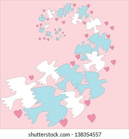 Flock doves with hearts on a pink background
