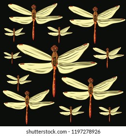 Flock of dragonflies on a dark background