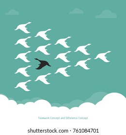 Flock of a duck flying in the sky., Teamwork Concept and Difference Concept.., Wild duck.