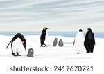 A flock of emperor penguins with chicks stands on the ocean shore. Birds of the South Poles. Realistic vector landscape