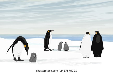 A flock of emperor penguins with chicks stands on the ocean shore. Birds of the South Poles. Realistic vector landscape