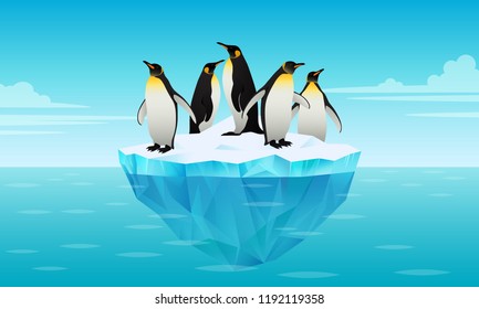 Flock of emperor penguins on ice floe in cold water. Glacier, ice brick floating in cold sea. Tallest and heaviest penguin species. Antarctic landscapes. Vector illustration in flat style.