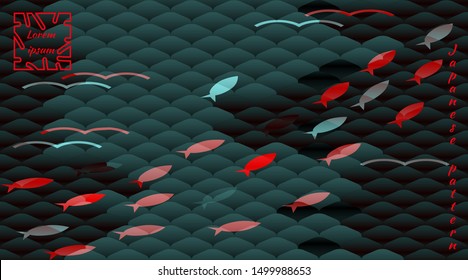 Flock of fish against background of traditional Japanese motif, multi-colored fish scales carp Koi. Poster with trendy modern design template for covers, cards. Vector pattern, horizontal orientation.