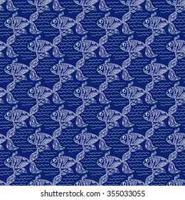 Flock of fish floating on the waves. Seamless floral pattern. Ornamental fish and waves, painted by hand. Ornament for design background, wallpaper, packaging, fabrics, textiles and other.