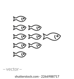 flock of fish icon, underwater world, thin line symbol on white background - editable stroke vector illustration eps10