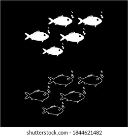 A flock of fish silhouette color white 