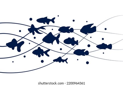 A flock of fish silhouette are floating on the waves isolated on white background. A group of sea animals swim together and a creative underworld design. Cartoon set of fish vector illustration