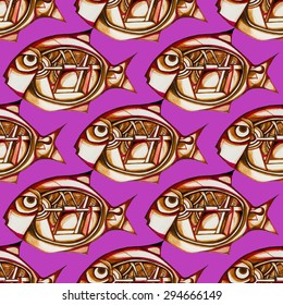 Flock of fish in the style of steampunk.Seamless.
