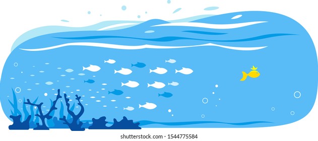 Flock of fish swims over a beautiful goldfish isolated flat conceptual illustration, social media followers, popularity in social networks, follow the leader