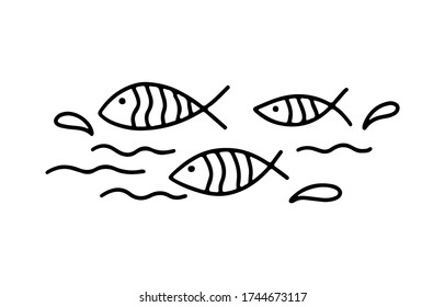 Flock of fish and wave. Hand drawn line icon, vector template illustration. Aquarium care isolated symbol on white background. Black on white pictogram. Design for card, banner, logo, coloring page