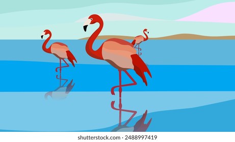 Flock of flamingos , flat vector stock illustration