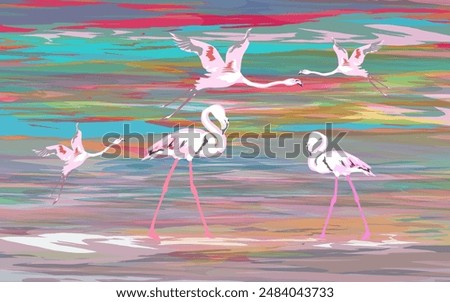 Similar – Image, Stock Photo Flock of Flamingos in Graceful Flight Over Water