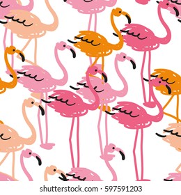 The flock of flamingos on the white background. Vector seamless pattern. Tropical illustration.