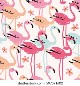 The flock of flamingos on the white background with small plumeria flowers. Vector seamless pattern. Tropical illustration.