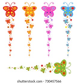A flock of flat colored isolated butterflies flying one after another. Five color options in the set.