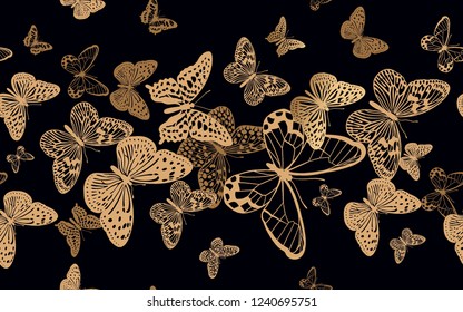 Flock of fluttering butterflies. Seamless pattern for design fabrics, textiles, prints on pillows, summer bags, luxury trendy clothing. Vector abstract background. Printing gold foil and black color.