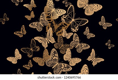 Flock of fluttering butterflies. Seamless pattern for design fabrics, textiles, prints on pillows, summer bags, luxury trendy clothing. Vector abstract background. Printing gold foil and black color.