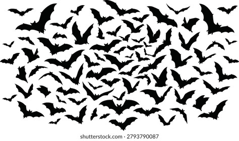 Flock of flying bats silhouette on white background, scary halloween decoration elements, spooky nocturnal wild animals colony illustration