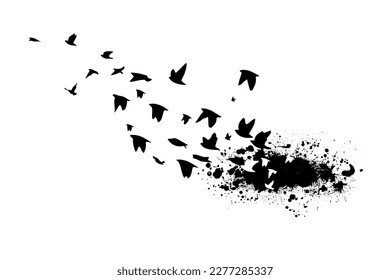 A flock of flying birds. Free birds. abstraction birds flying from blots . Vector illustration
