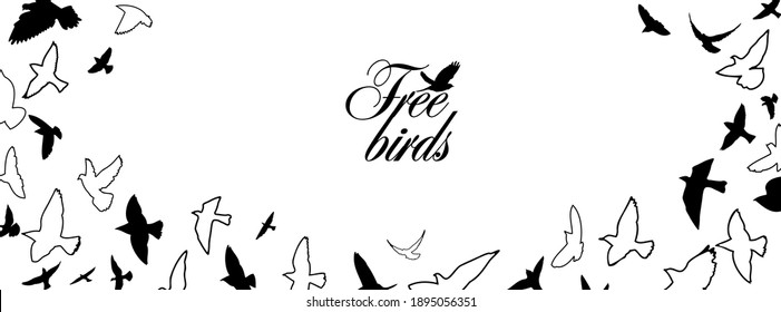 A flock of flying birds. Horizontal frame for your text with the birds. Vector illustration