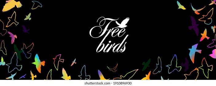 A flock of flying birds. Horizontal frame of colorful birds. Mixed media. Vector illustration