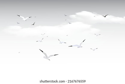 A flock of flying birds seagulls in the sky with clouds. Vector landscape illustration.