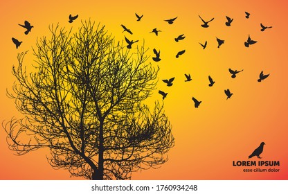 A flock of flying birds silhouette against sunset background. vector illustration collection.