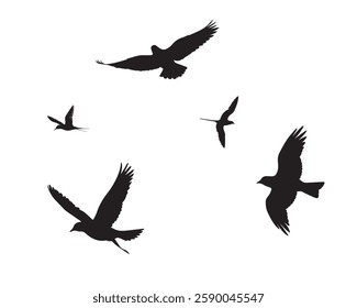 Flock of flying birds silhouette vector, Flying bird black silhouette vector set