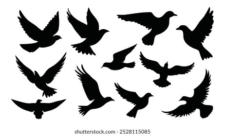 Silhuetas de bando de pássaros voadores definem ilustração isolada do vetor plano no fundo branco.