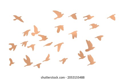 Flock of flying birds. Vector golden birds, stock illustration