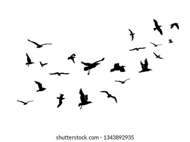 A Flock of Flying Birds. Vector Illustration. Isolated On Blue Background.