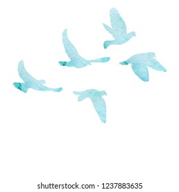 flock of flying birds, watercolor blue silhouette