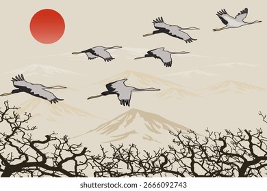 Una bandada de pájaros voladores. Ilustración vectorial de paisajes con pájaros voladores, montañas y árboles secos.