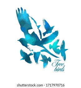 A flock of flying blue birds. Abstract mosaic. Mixed media. Vector illustration