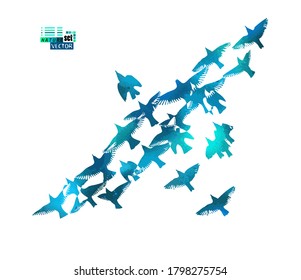 A flock of flying blue birds. Abstract mosaic. Mixed media. Vector illustration