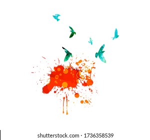 A flock of flying blue birds. Bloody spots. Red blot with birds. Scarlet abstract cloud. Vector illustration