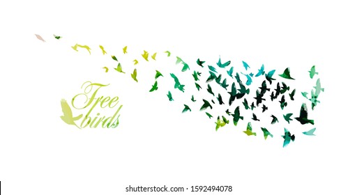 A flock of flying blue birds. Mixed media. Vector illustration