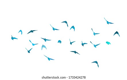 A flock of flying blue birds. Mixed media. Vector illustration