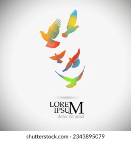 A flock of flying colored birds. Flying rainbow doves. Vector illustration