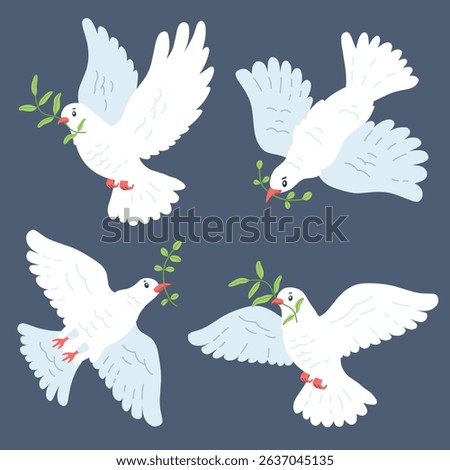 flock of flying doves carrying branches of plants.set of graceful dove illustrations in various styles.vector isolated on white background
