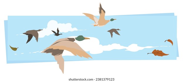 Flock flying ducks. Migratory birds. Illustration concept template for website, web landing page, banner, presentation, social, poster, promotion or print media.