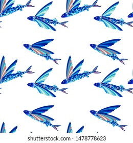 flock of flying fish .bright graphic drawing. Seamless vector pattern on a white background for textiles, wallpaper and prints.