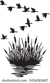 Flock of Flying Mallard Ducks and Reeds Silhouette (Bulrush).  (Migrating Birds). Vector Illustration.