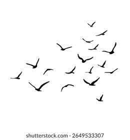 Um bando de pássaros voadores da silhueta. Preto sobre fundo branco. Ilustração vetorial