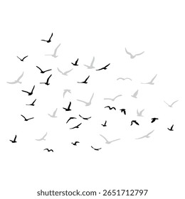 Um bando de pássaros voadores da silhueta. Preto sobre fundo branco. Ilustração vetorial