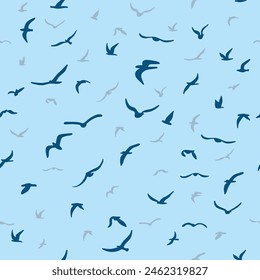 Flock of flying silhouette birds. Birds seamless pattern. White seagulls on a blue background. Vector illustration. 