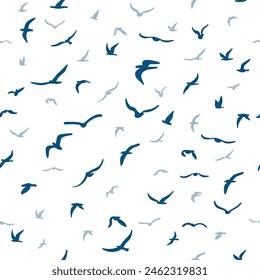 Flock of flying silhouette birds. Birds seamless pattern. White seagulls on a blue background. Vector illustration. 