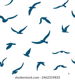 Flock of flying silhouette birds. Birds seamless pattern. White seagulls on a blue background. Vector illustration. 