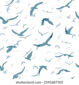 Flock of flying silhouette birds. Birds seamless pattern. White seagulls on a blue background. Vector illustration.