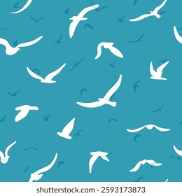 Flock of flying silhouette birds. Birds seamless pattern. White seagulls on a blue background. Vector illustration.